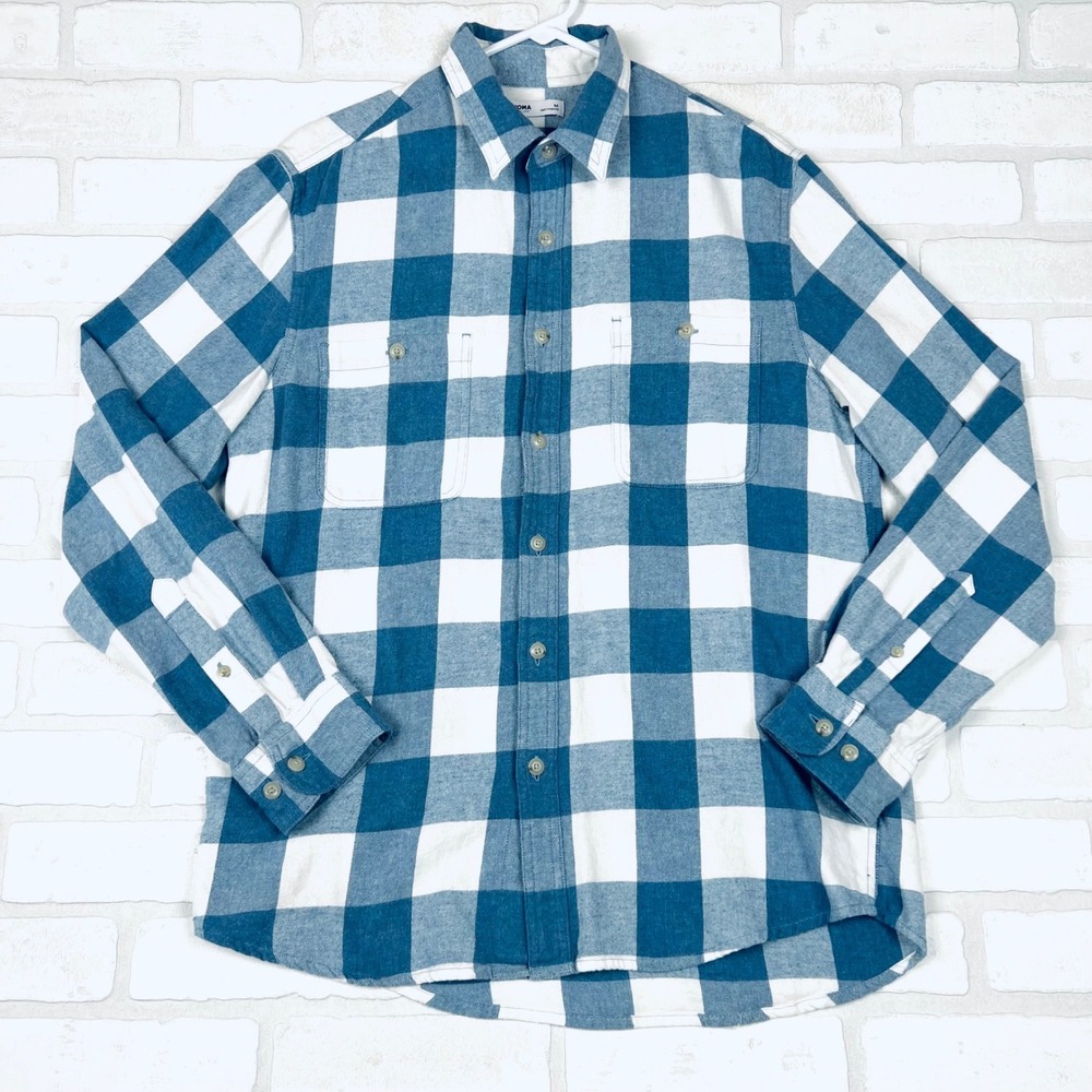 Sonoma Goods For Life Mens Blue White Buffalo Plaid Flannel Shirt Medium Cotton